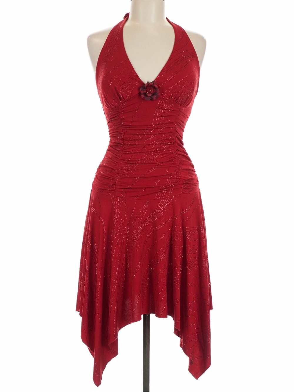 Y2K Red Halter Ruched Glittery Dress